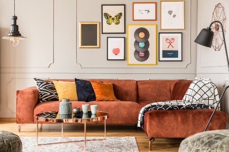 living room interior with comfortable velvet corner